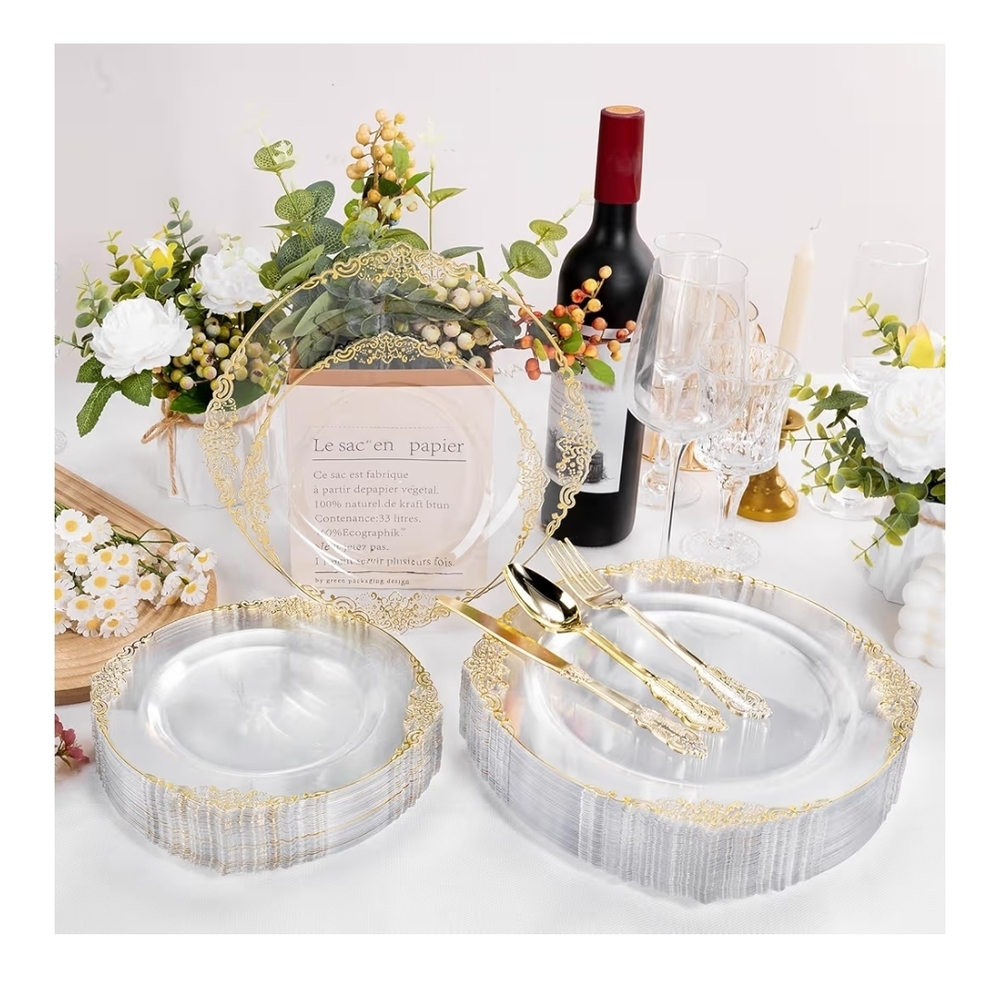 Premium Clear Disposable Party Dinner Plates with Decorative Gold Border - Picture 3 of 4